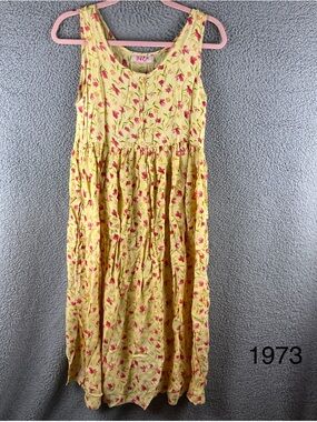 Sita Women’s Vintage Yellow Floral Maxi Dress with Pink Floral Print Size Large